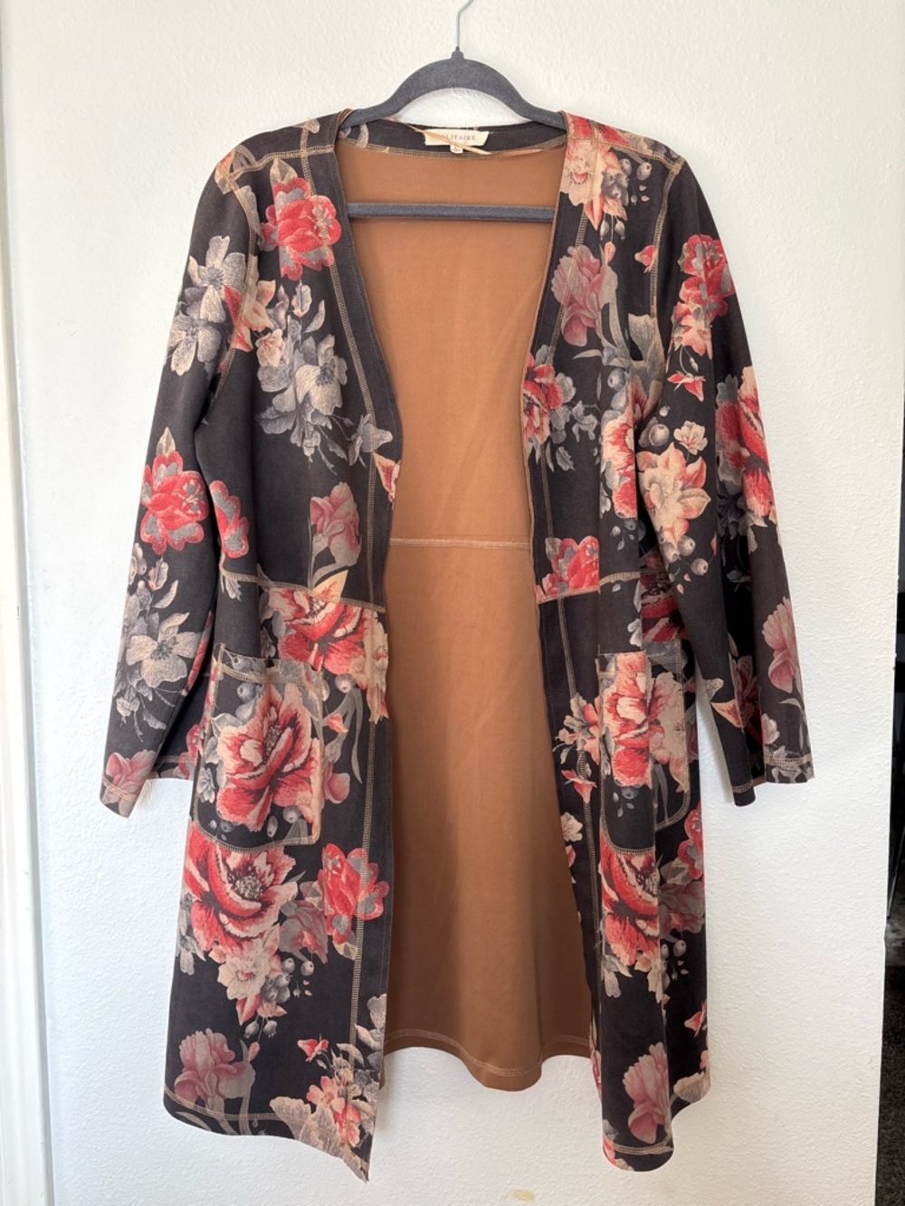 Solitaire Black Floral Open Cardigan with Red & Cream Flowers
